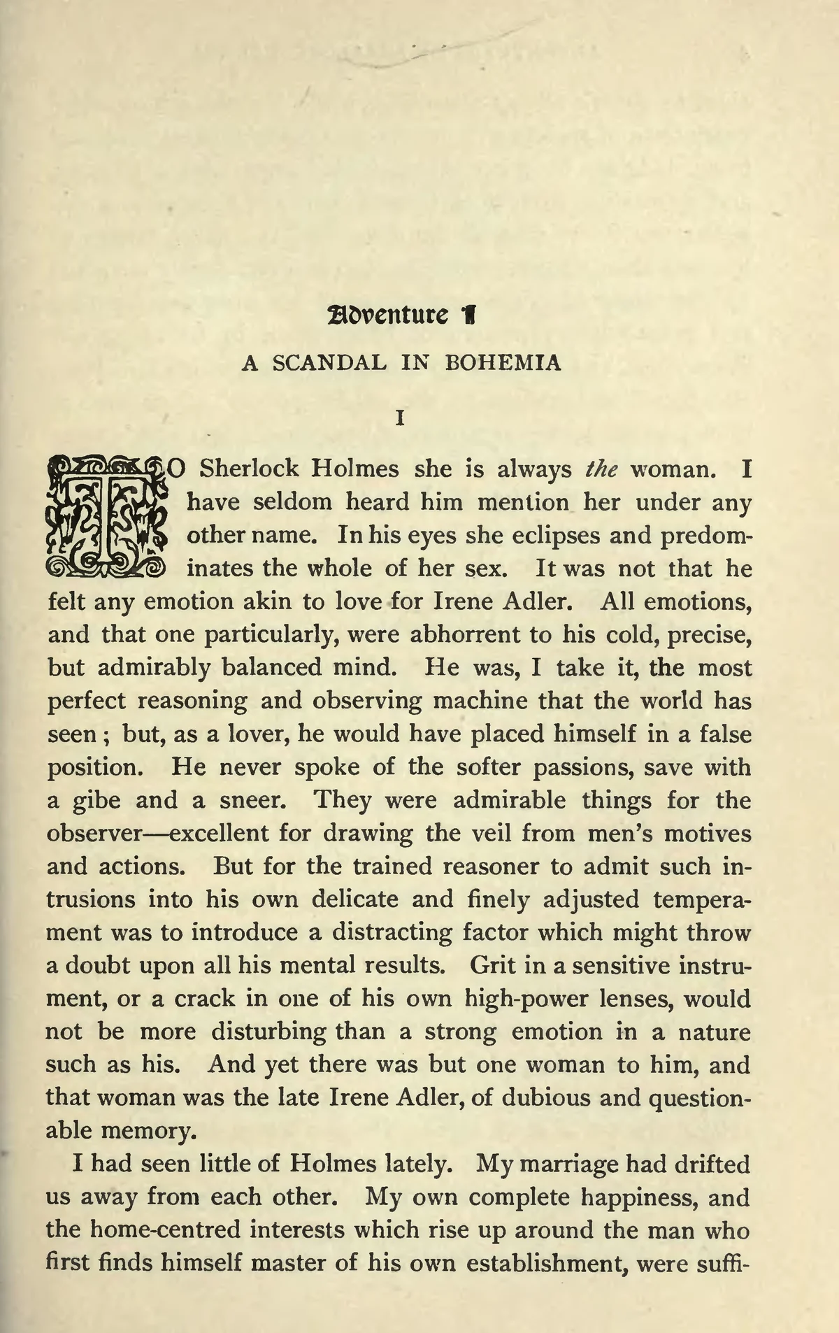 Scan of the opening page of "A Scandal in Bohemia" from the 1892 first edition of The Adventures of Sherlock Holmes — the page the text below was recognized from