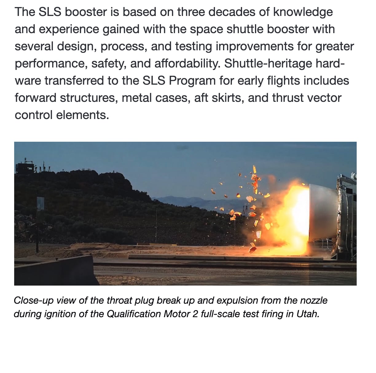 Detail crop of page 47 of the original 83-page NASA SLS reference guide PDF, rendered at 288 DPI: body text beside a photo of NASA rocket hardware, at 100% zoom