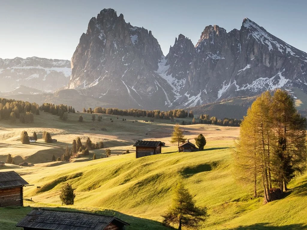 Detail crop of the original 11-megapixel photo shown at the resized scale: an alpine meadow below the Langkofel peaks, at 100% zoom